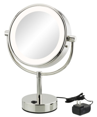 Double-sided 5X/1X LED lighted freestanding mirror